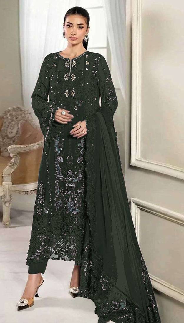D green silk semi stitched suit with embridery & sequin work