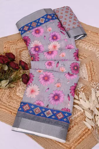 grey printed pure cotton grey saree with blouse