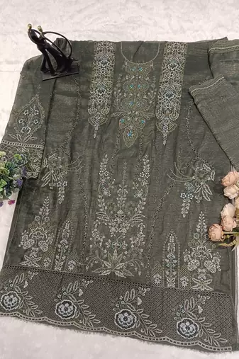 D green silk semi stitched suit with embridery & sequin work