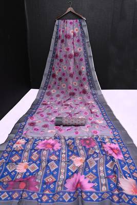 grey printed pure cotton grey saree with blouse 7