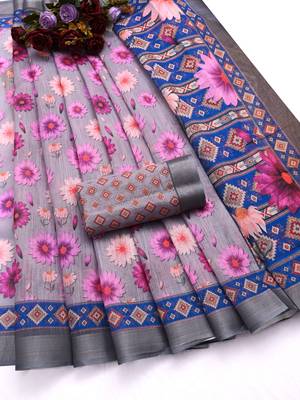 grey printed pure cotton grey saree with blouse 8