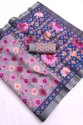 grey printed pure cotton grey saree with blouse 9