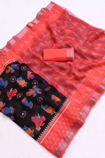 black printed pure cotton black saree with blouse