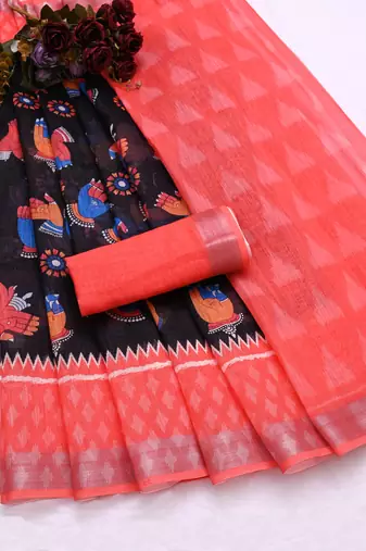 black printed pure cotton black saree with blouse