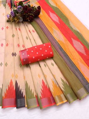 beige printed pure cotton beige saree with blouse 7
