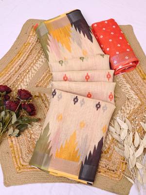 beige printed pure cotton beige saree with blouse 8