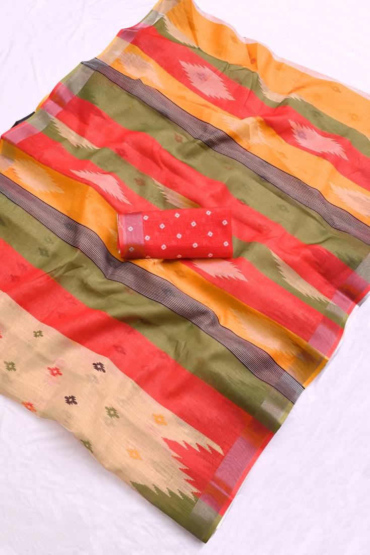 multicolor printed pure cotton beige saree with blouse