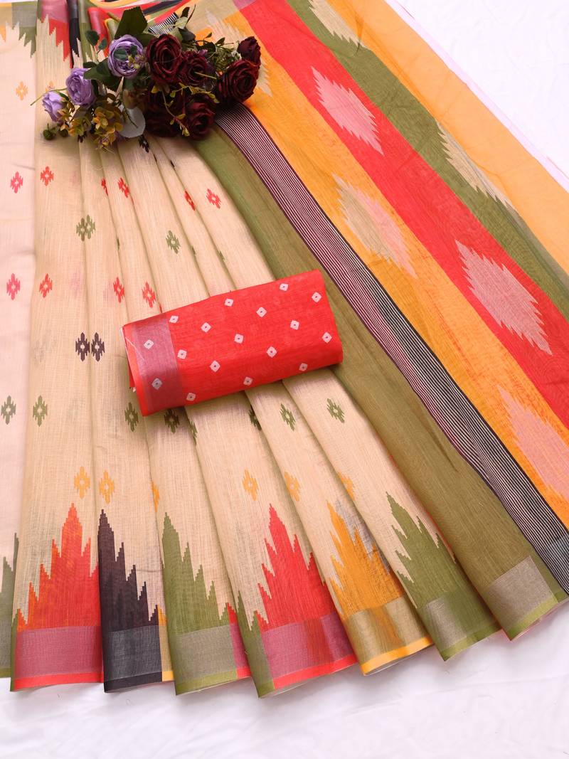 multicolor printed pure cotton beige saree with blouse