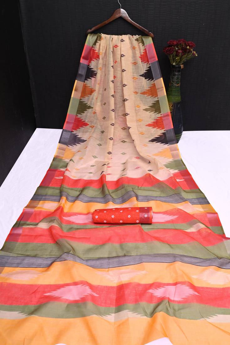 multicolor printed pure cotton beige saree with blouse
