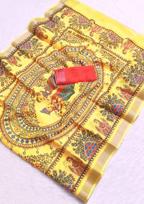 yellow printed pure cotton yellow saree with blouse 6