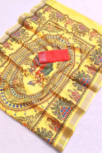 yellow printed pure cotton yellow saree with blouse