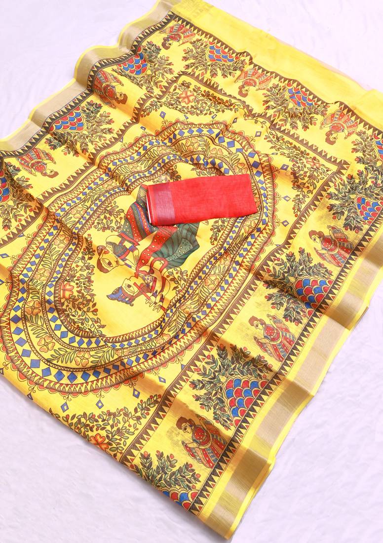 yellow printed pure cotton yellow saree with blouse