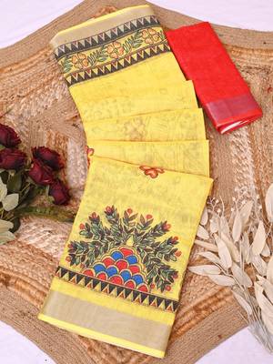 yellow printed pure cotton yellow saree with blouse 7