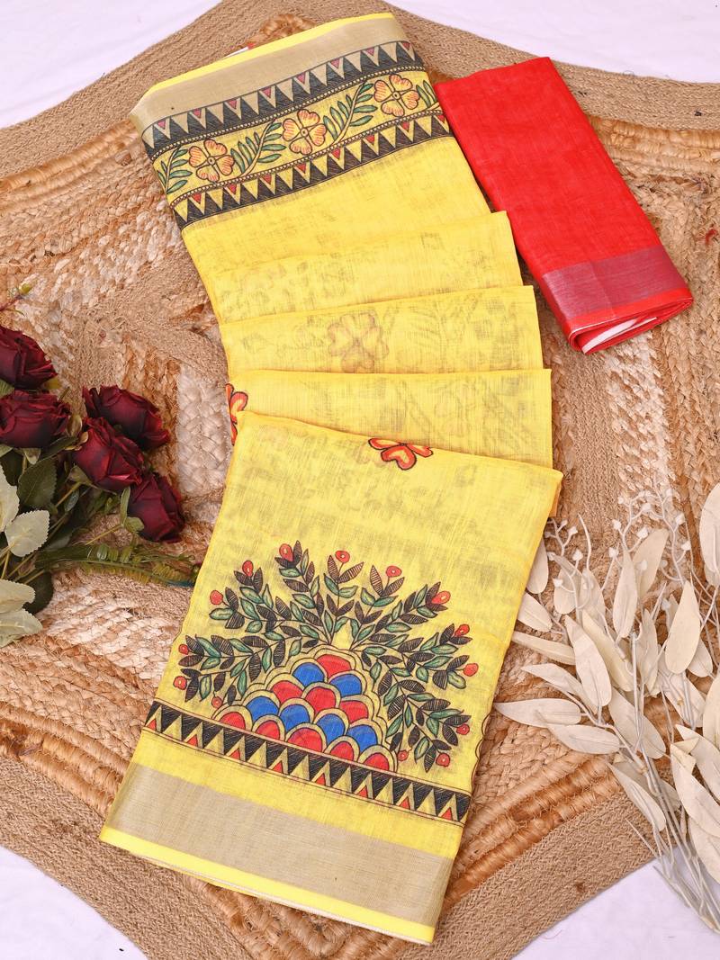 yellow printed pure cotton yellow saree with blouse