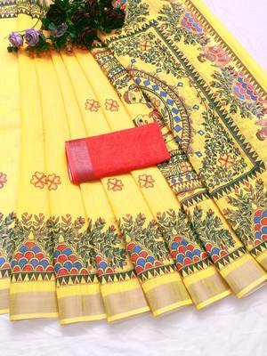 yellow printed pure cotton yellow saree with blouse 8