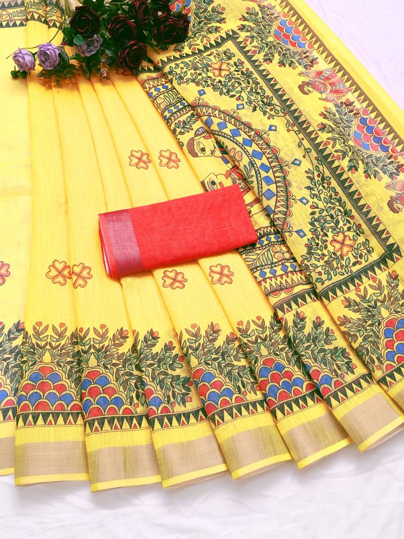 yellow printed pure cotton yellow saree with blouse