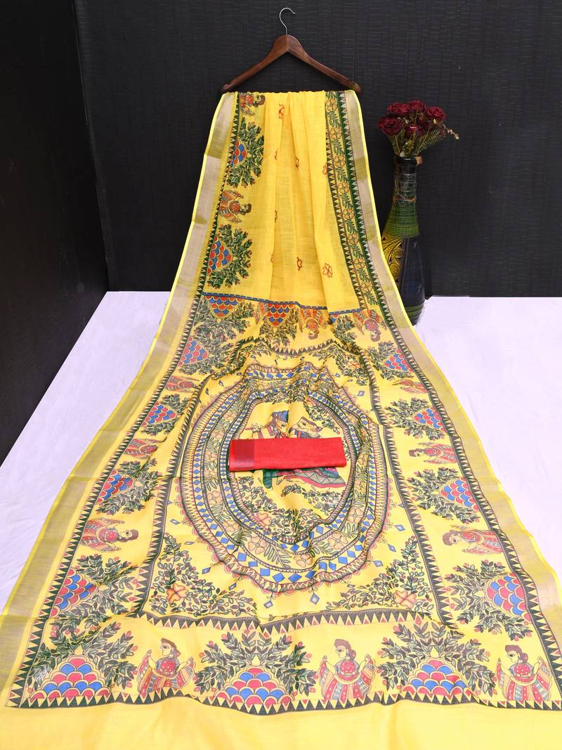 yellow printed pure cotton yellow saree with blouse