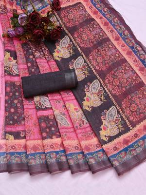 black printed pure cotton black saree with blouse 5