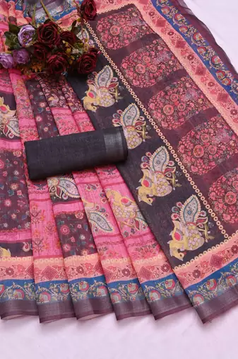 black printed pure cotton black saree with blouse