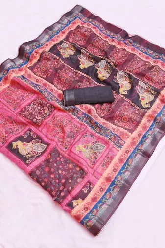 black printed pure cotton black saree with blouse