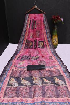 black printed pure cotton black saree with blouse 7