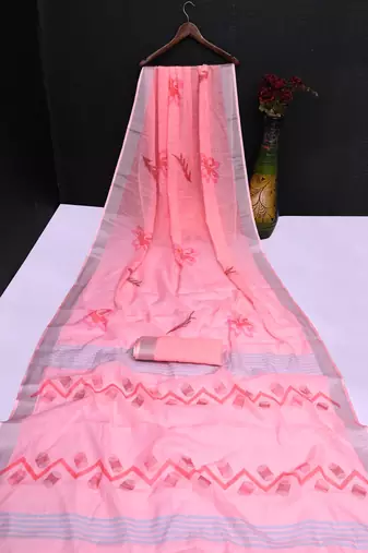 pink printed pure cotton pink saree with blouse