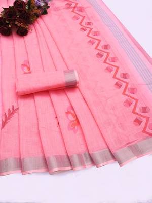 pink printed pure cotton pink saree with blouse 8
