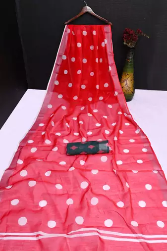 red printed pure cotton red saree with blouse