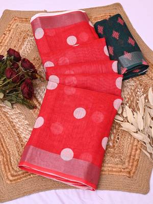 red printed pure cotton red saree with blouse 7