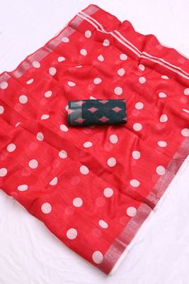 red printed pure cotton red saree with blouse 8