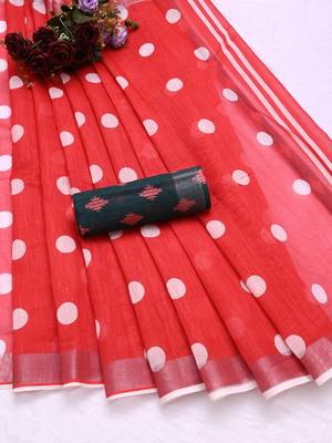 red printed pure cotton red saree with blouse 9