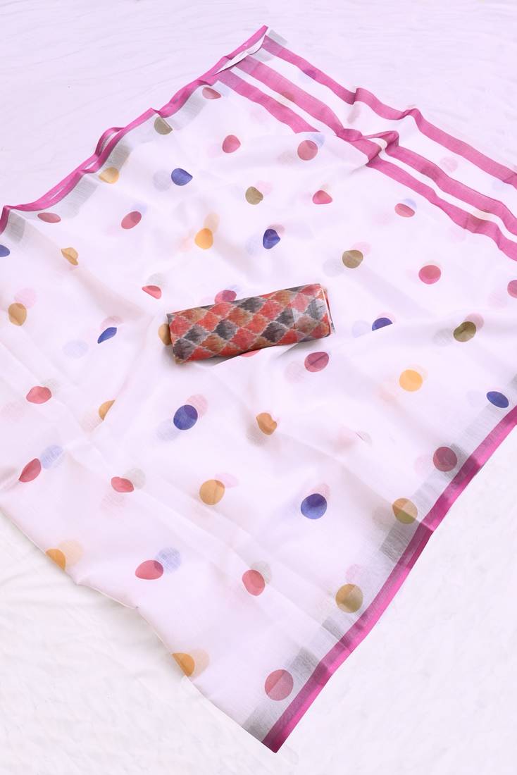 white printed pure cotton white saree with blouse