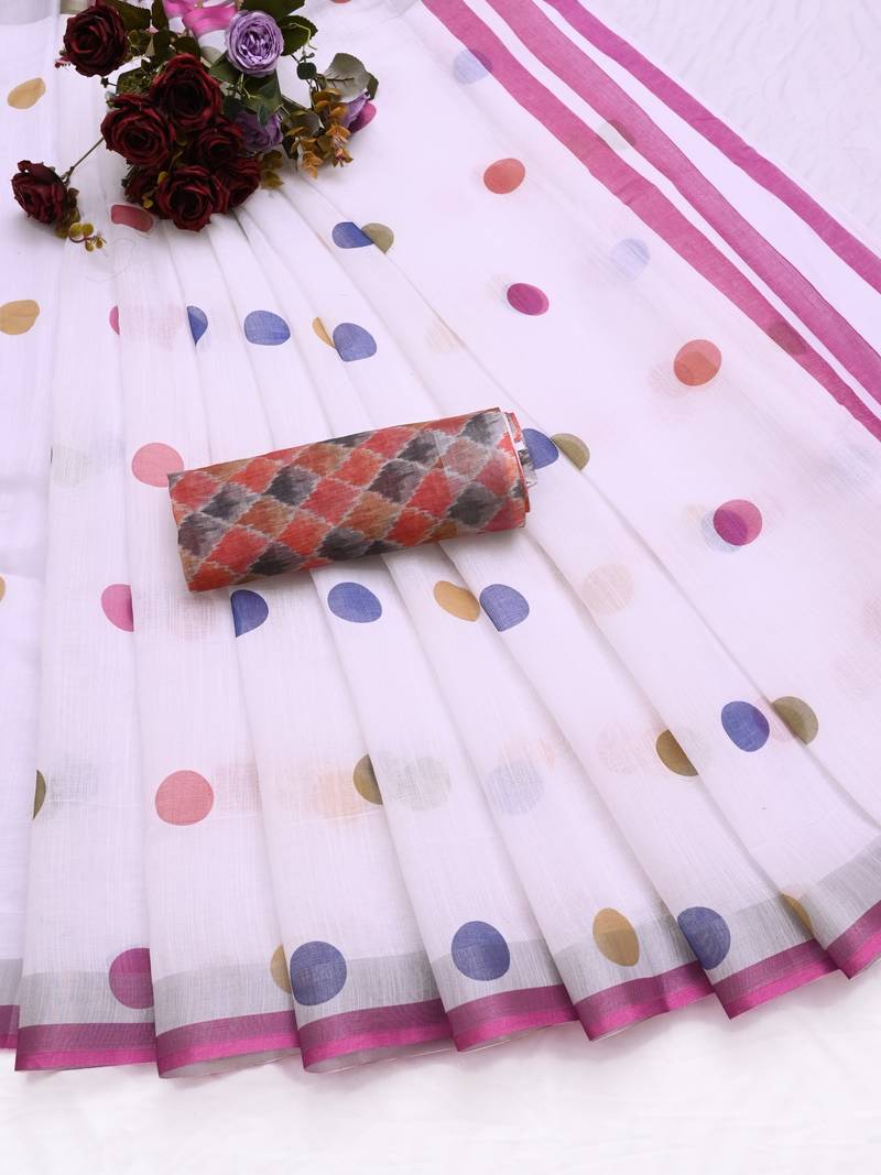 white printed pure cotton white saree with blouse