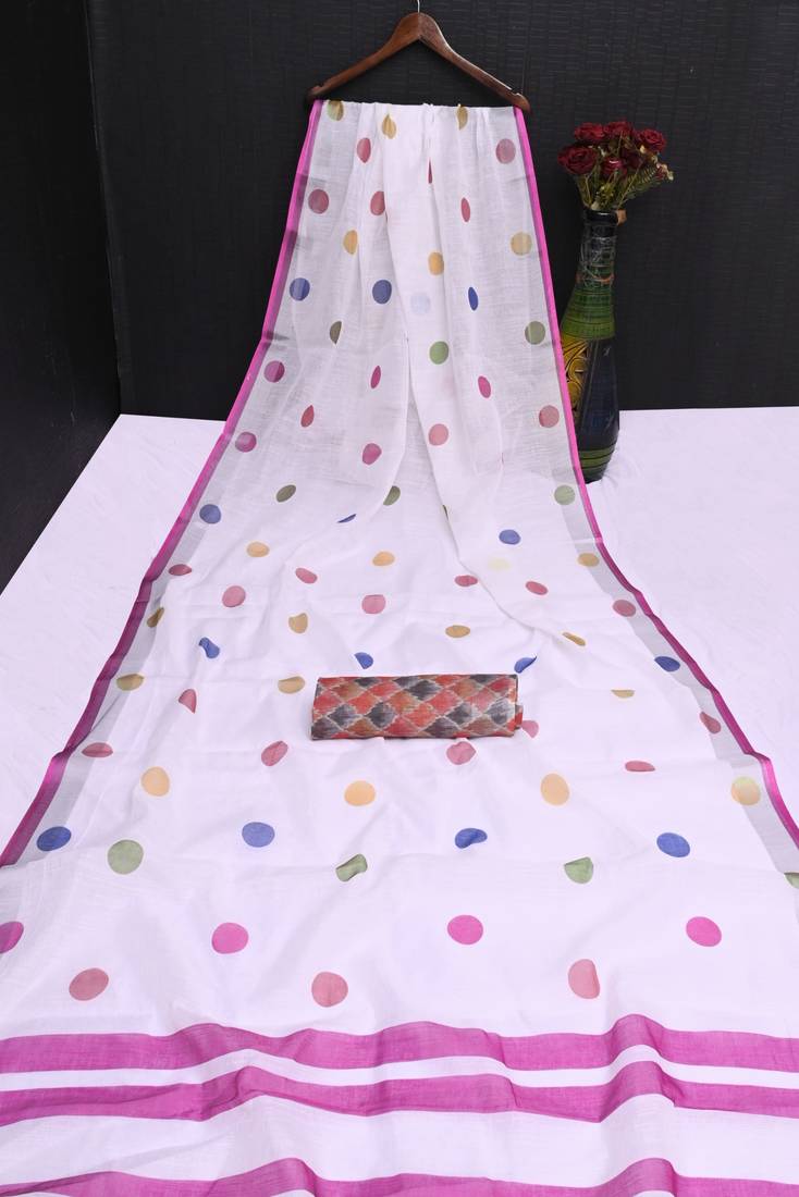 white printed pure cotton white saree with blouse