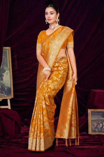  Mustard silk blend Saree with Zari & Floral Thread Work