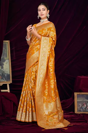  Mustard silk blend Saree with Zari & Floral Thread Work