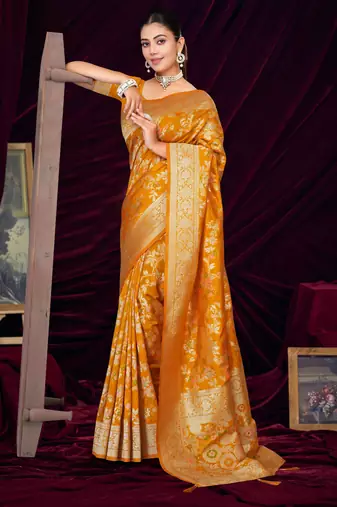  Mustard silk blend Saree with Zari & Floral Thread Work