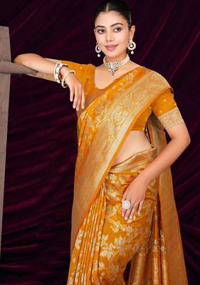  Mustard silk blend Saree with Zari & Floral Thread Work 4