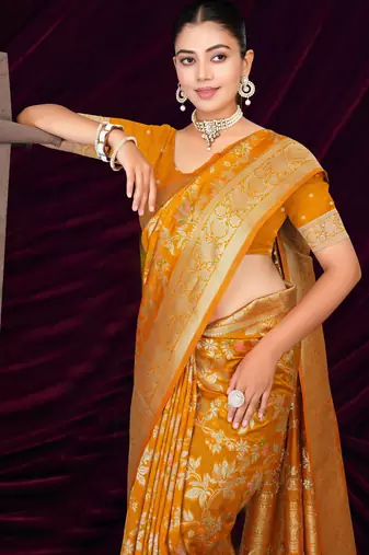  Mustard silk blend Saree with Zari & Floral Thread Work