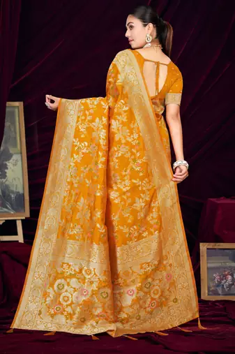 Mustard silk blend Saree with Zari & Floral Thread Work