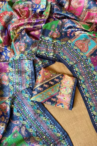 navy blue uhd position print type digital printed dola silk saree
