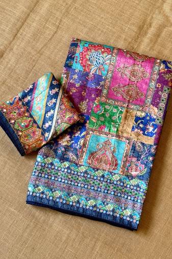 navy blue uhd position print type digital printed dola silk saree
