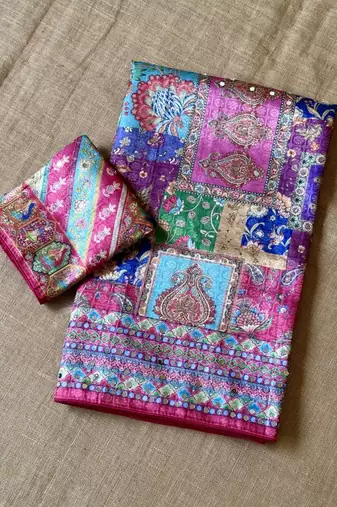 rani pink uhd position print type digital printed dola silk saree