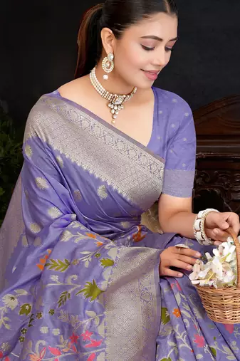  Lavender silk blend Saree with Zari & Floral Thread Work