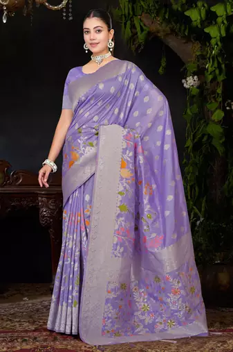  Lavender silk blend Saree with Zari & Floral Thread Work