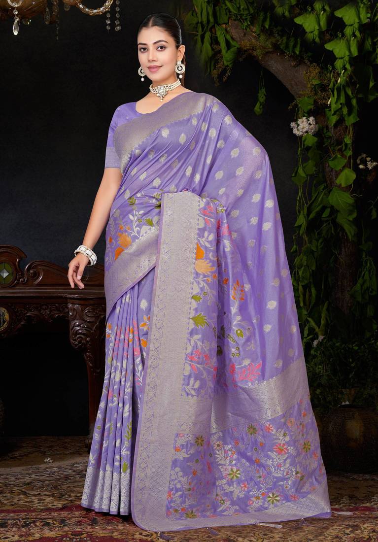 Lavender silk blend Saree with Zari & Floral Thread Work