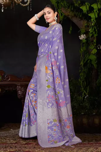  Lavender silk blend Saree with Zari & Floral Thread Work