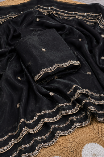Black Color Beads and Handwork Satin Saree