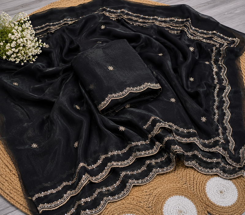 Black Color Beads and Handwork Satin Saree