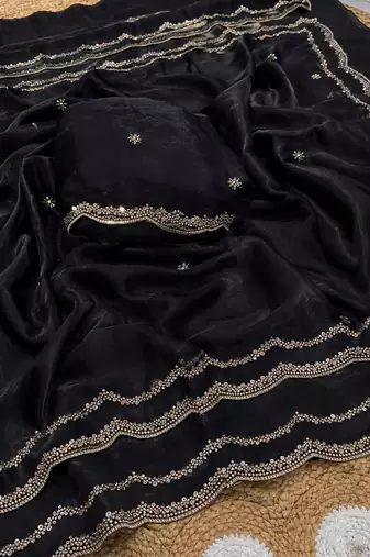 Black Color Beads and Handwork Satin Saree